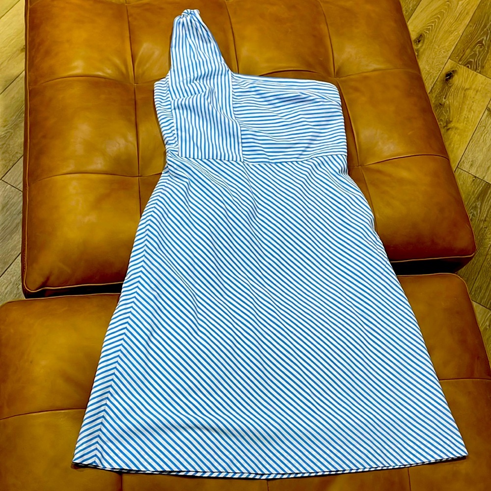 Blue and white striped, one shoulder Banana Republic dress.